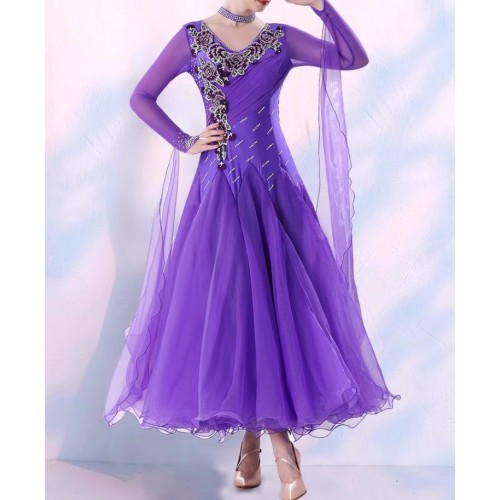 Red royal blue violet competition ballroom dance dresses for women girls gemstones with appliques flowers glitter waltz tango foxtrot smooth dance long gown